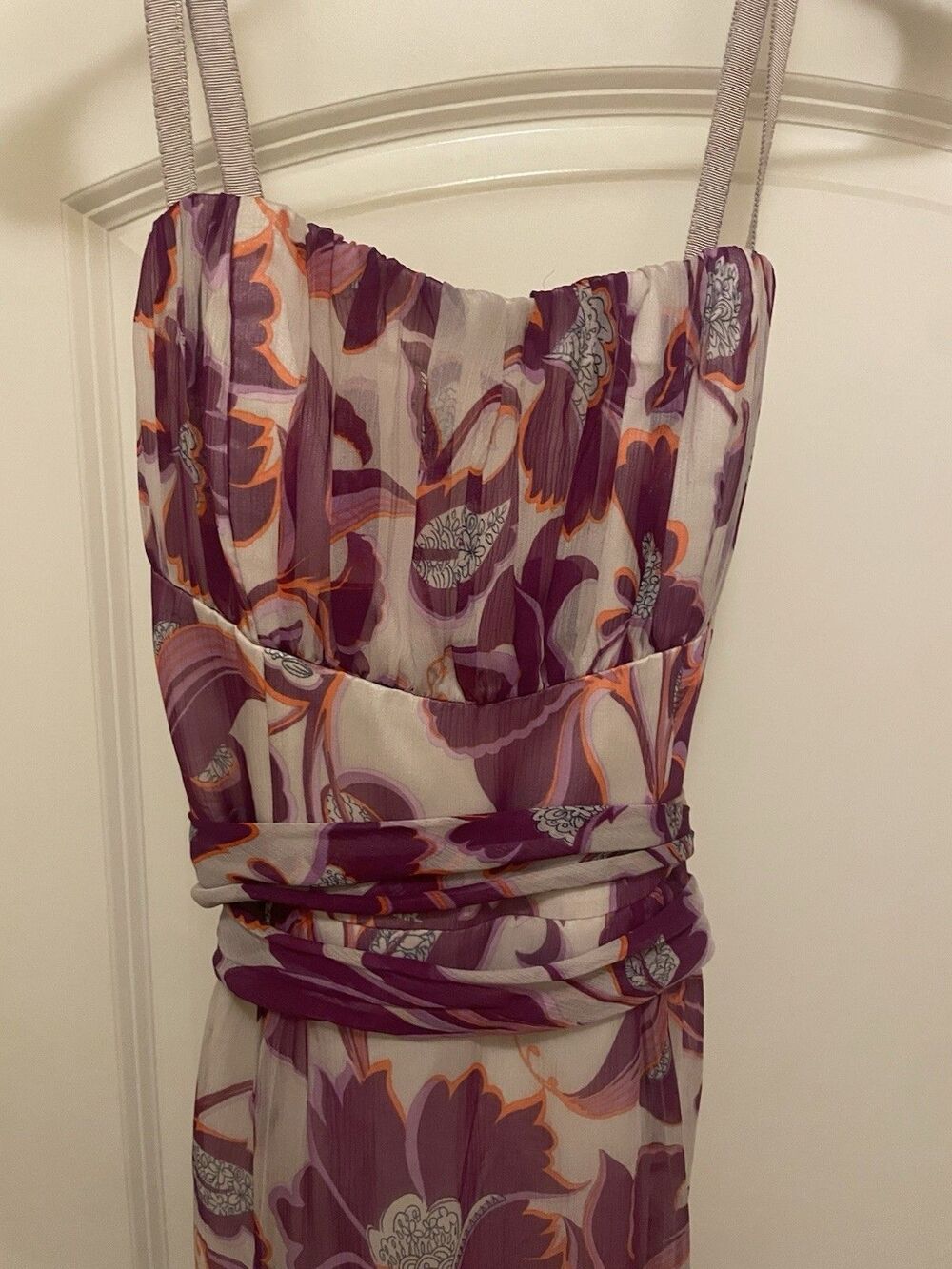 Stunning Nanette Lepore Purple Floral Ruched Waist Silk Blend Midi Dress Size 6
